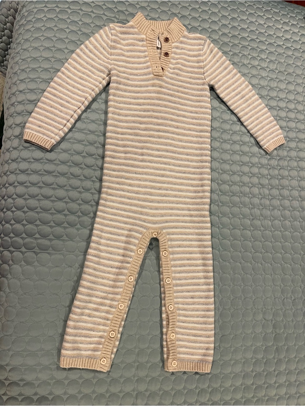 Janie & Jack Heritage Oatmeal Striped Henley Knit One-Piece Romper Beige 18-24m